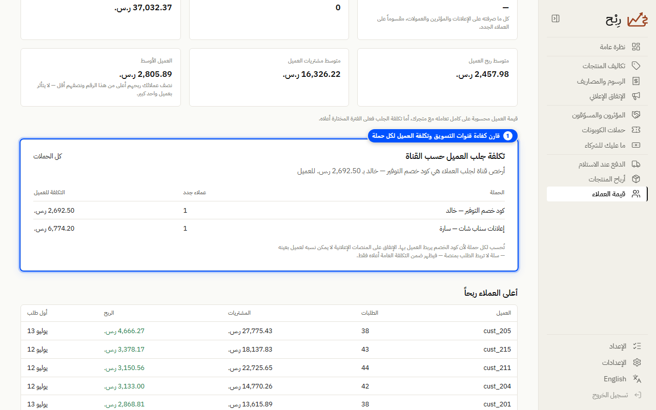 مقارنة تكلفة جلب العميل حسب قناة التسويق - لقطة شاشة توضيحية
